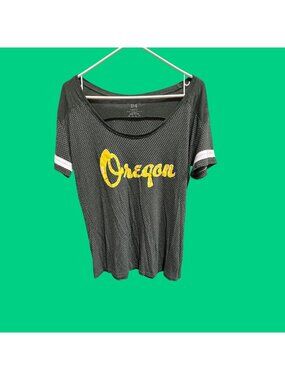 Oregon Womens Graphic Mesh Tee With White Sleeve Stripes Forest Green Size Large